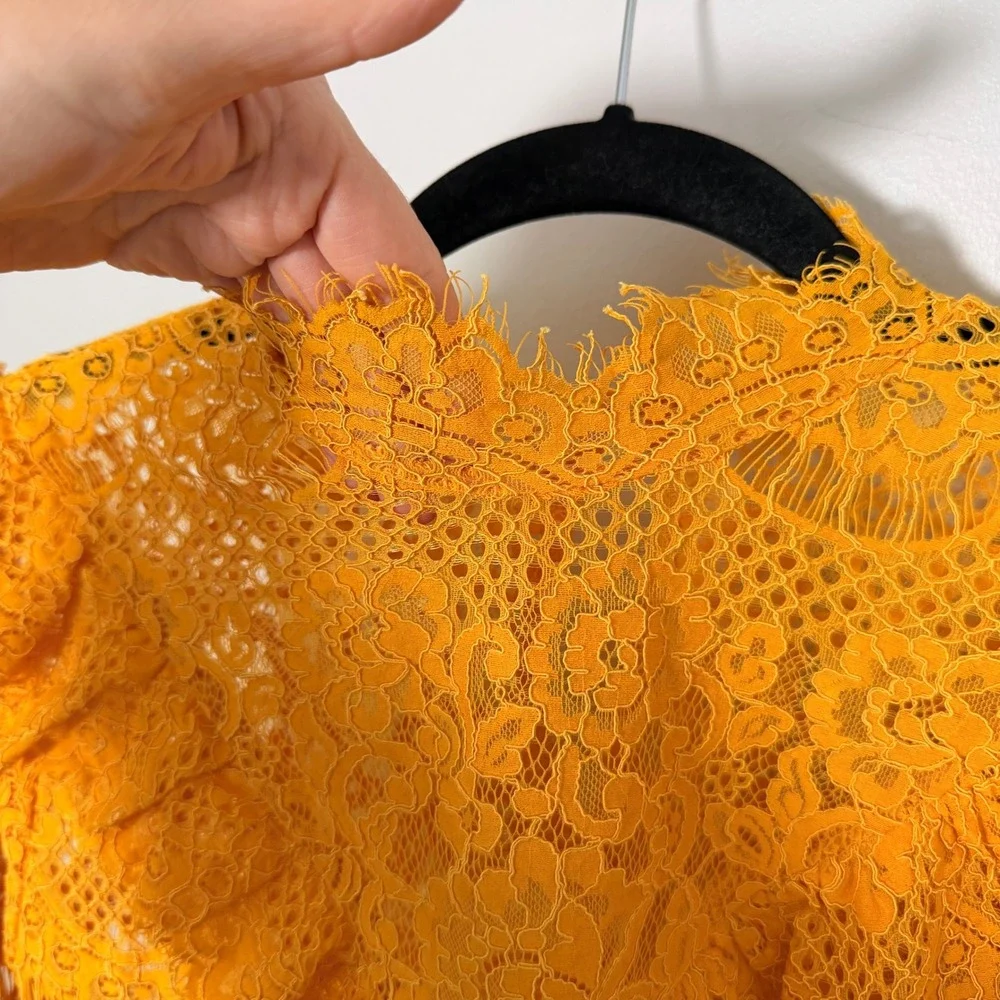 Golden Yellow Sheer Floral Lace Blouse Victorian Romantic‎ Boho Festival Top MED